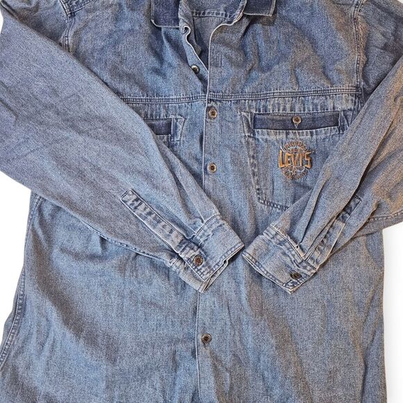 Levis Vintage Blue Denim Embroidered Button Down Long Sleeve Shirt - Picture 4 of 12